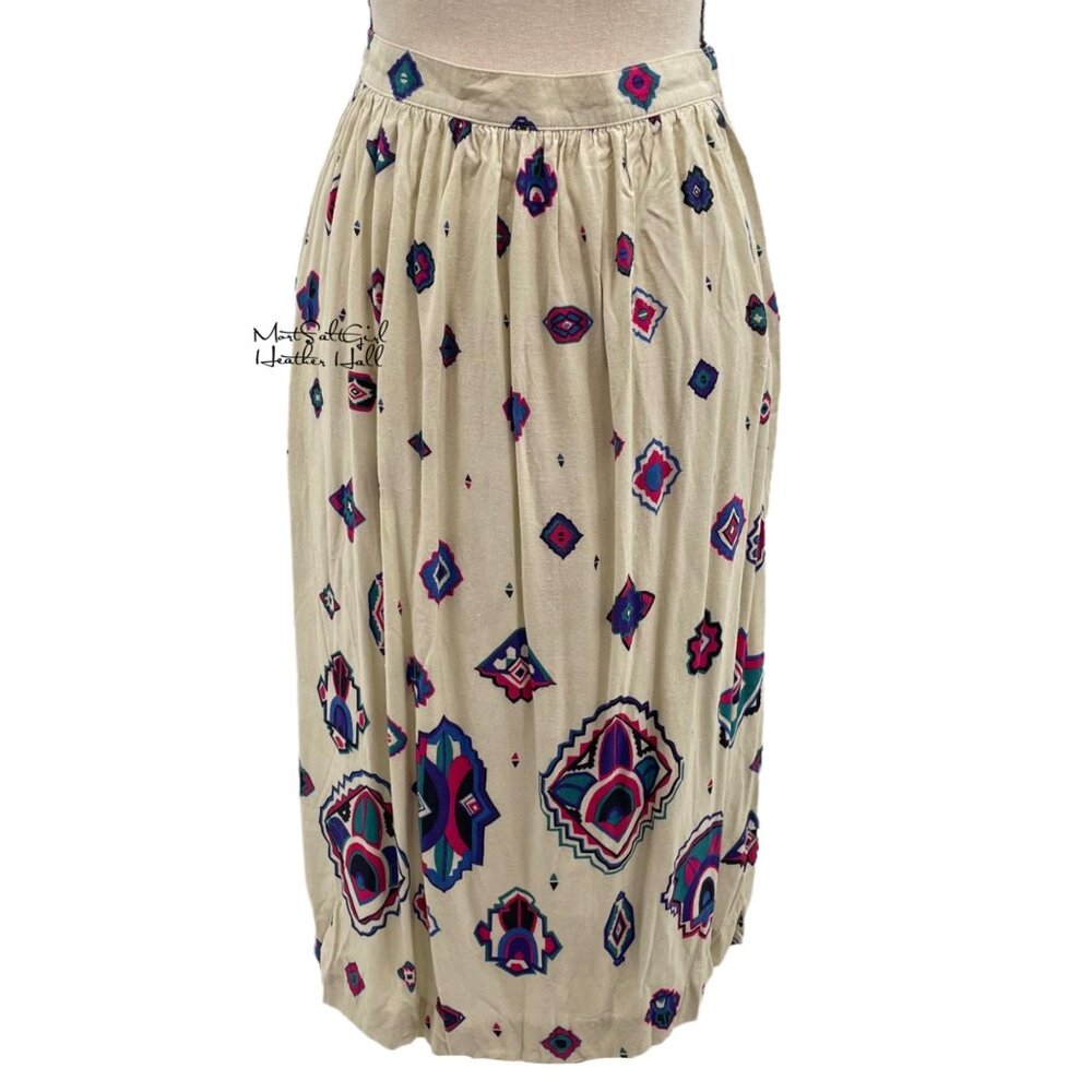 Vintage Panther Union Made Beige Boho Midi Skirt with Multicolor Geometric Print